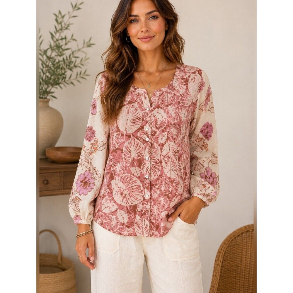 Tahari 100% Linen Boho Tropical Botanical Coastal Cream Button Down Blouse XS